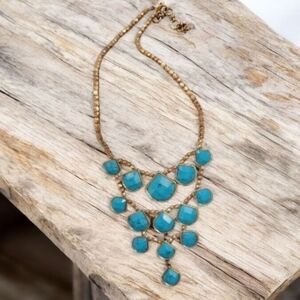 Lucky Brand Faceted Faux Turquoise Waterfall Bib Statement Necklace Boho